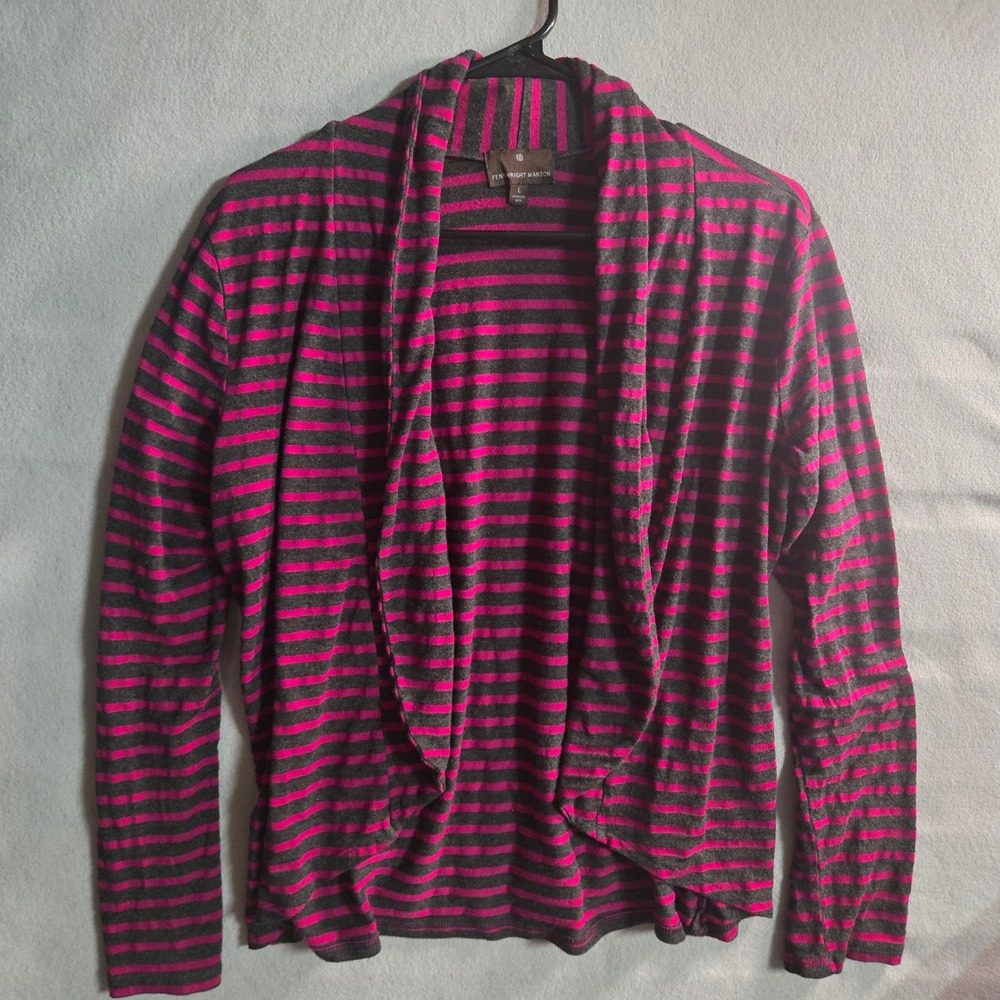 Fenn Wright Manson Pink Grey Striped Open Front Draped Cardigan Sweater Large